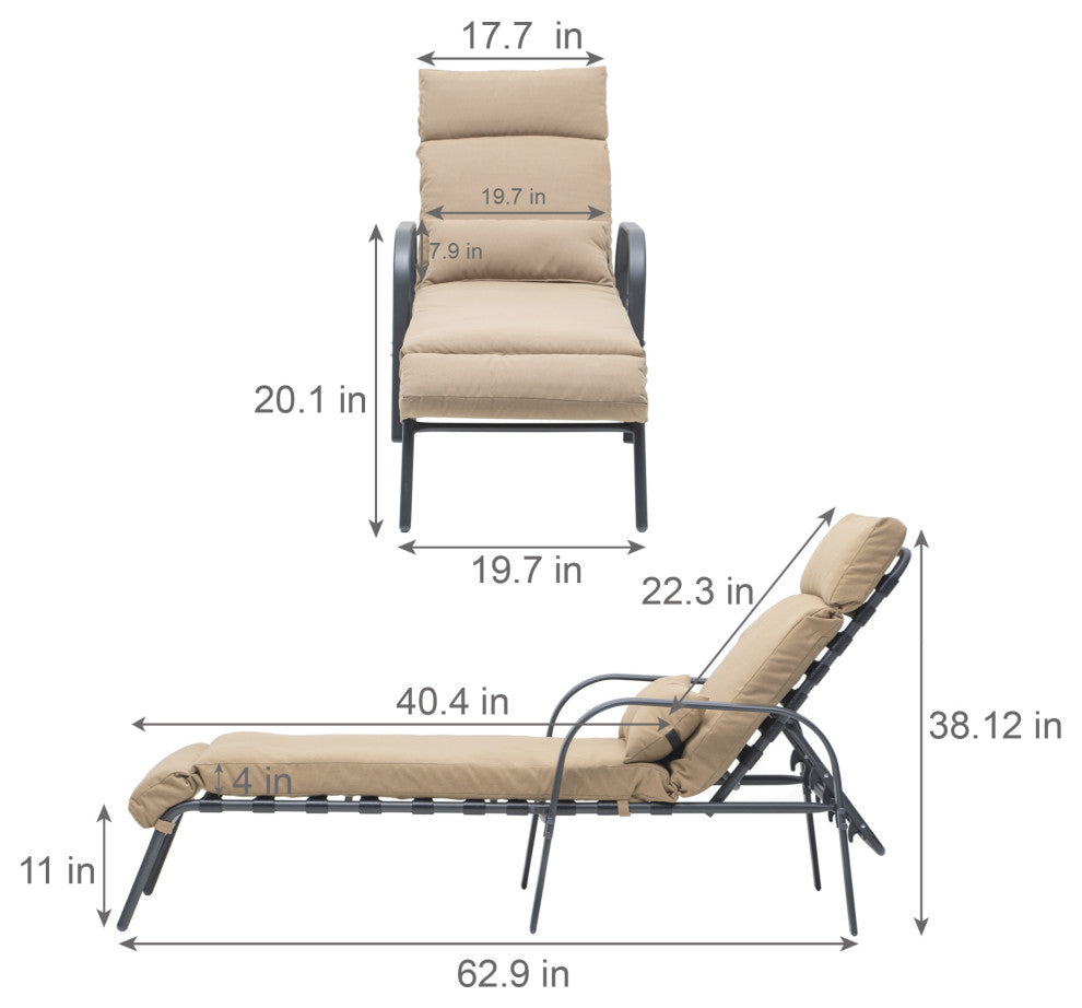 Set of 2 Adjustable Chaise Lounge Chair with Cushion & Pillow, Tan