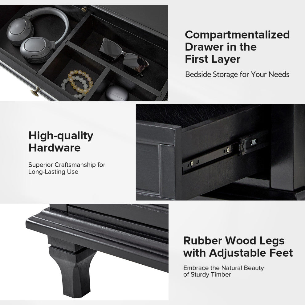 3-Drawer Nightstand With  Built-In Outlets, Black