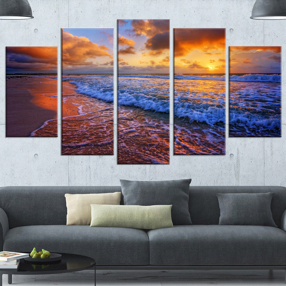 Beautiful Waves under Cloudy Sky, Large Seashore Canvas Print, 60"x32", 5 Panels