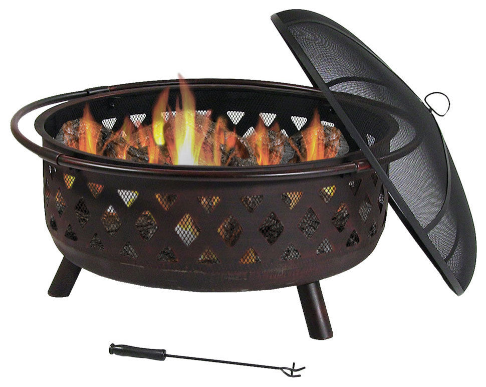 Sunnydaze Round Large Bronze Crossweave Fire Pit With Spark Screen, 36"