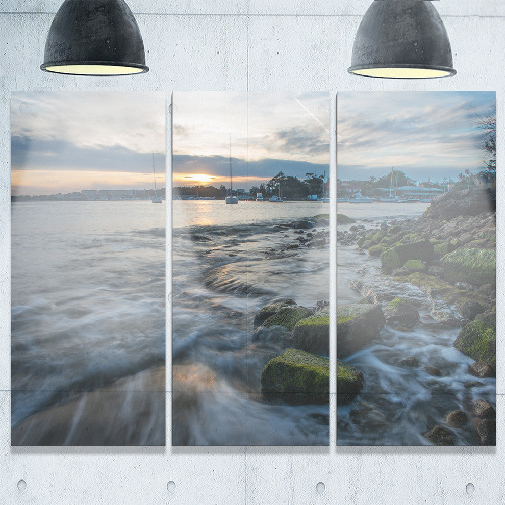 "White Waves Hitting Rocky Seashore" Metal Wall Art, 3 Panels, 36"x28"