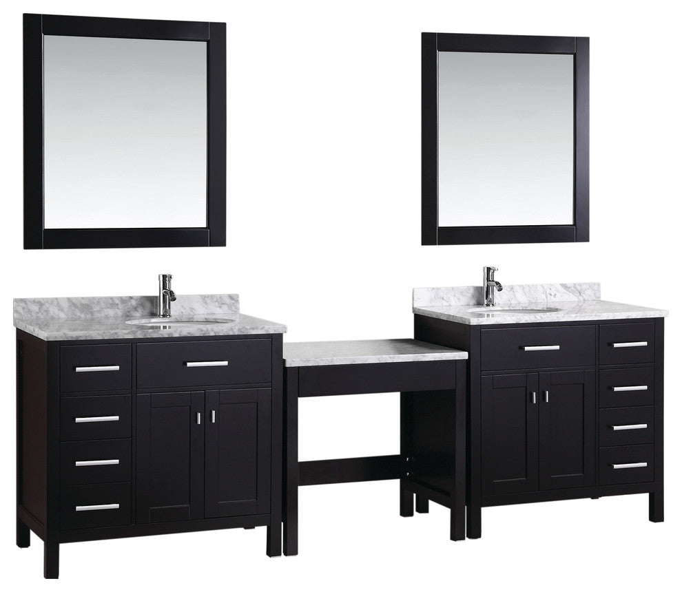 Two London 36" Single Sink Vanity Set With One Make-Up Table, Espresso