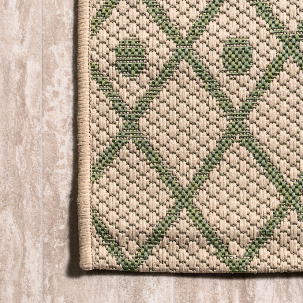 Boho Moroccan Indoor/Outdoor Area Rug, Beige/Green, 2'x10'