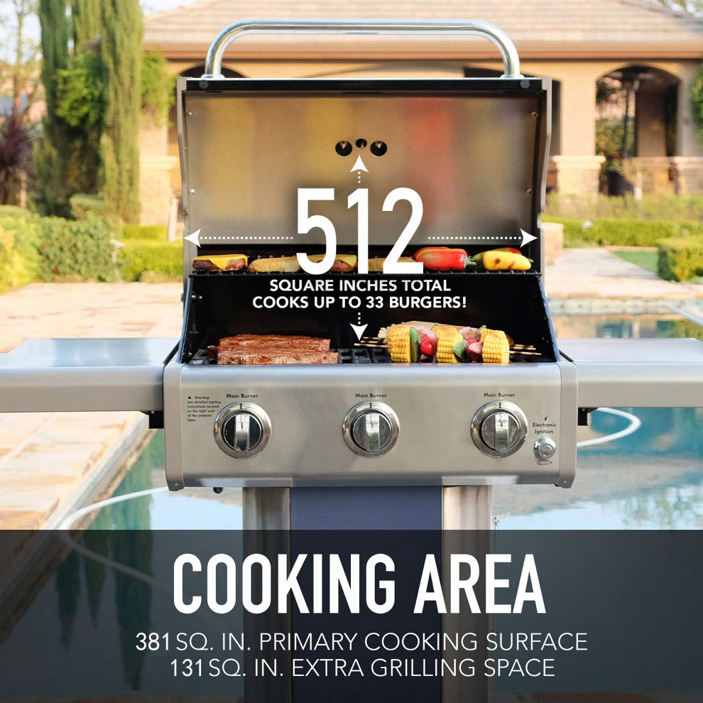 Kenmore 3 Burner Gas Grill with Side Shelves, Azura