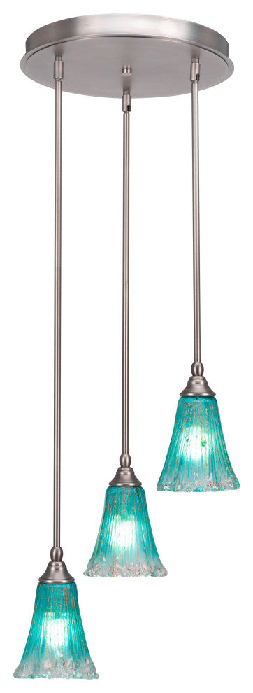 Empire 3-Light Cluster Pendalier, Brushed Nickel/Fluted Teal Crystal
