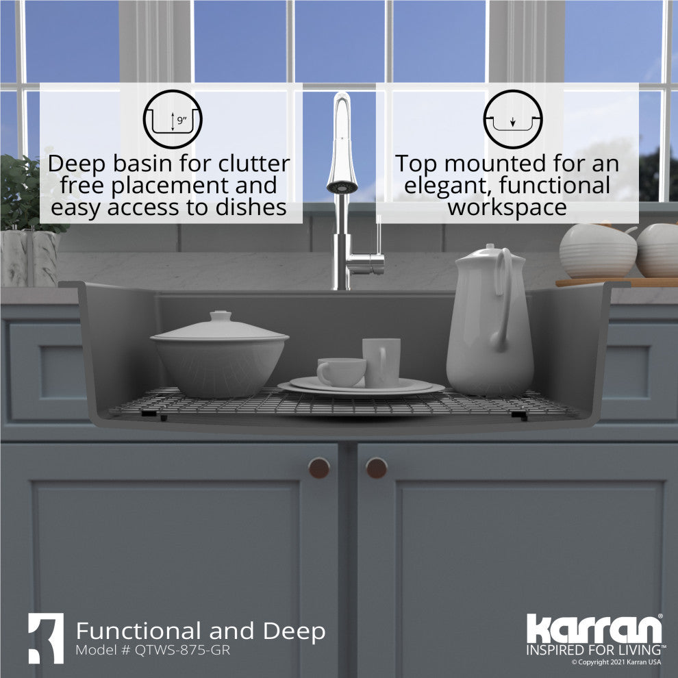 Karran Top Mount 33" Single Bowl Quartz Workstation Kitchen Sink, Grey