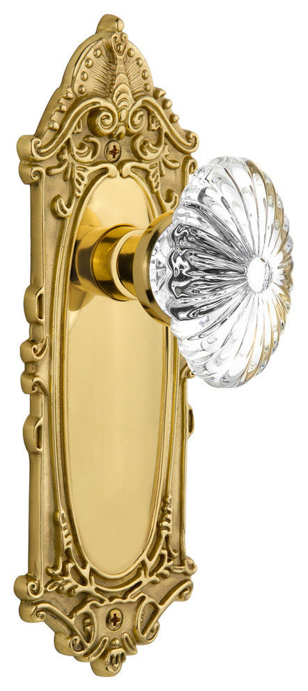 Victorian Plate With Oval Fluted Crystal Knob, Polished Brass