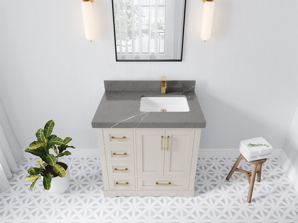 Boston 36" Right Offset Bath Vanity in Fine Grain 2" Piatra Gray