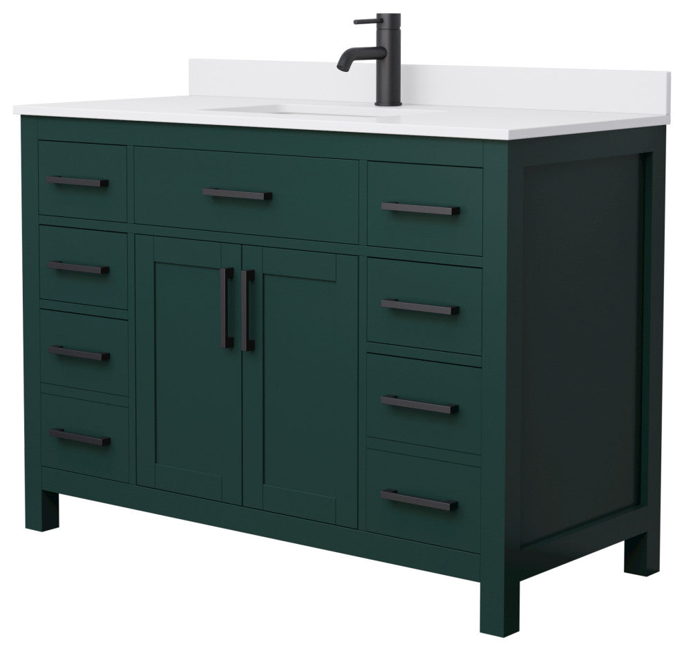 48"SGL Bathroom Vanity, Green, White Cult. Marble Countertop, Sink, Black Trim