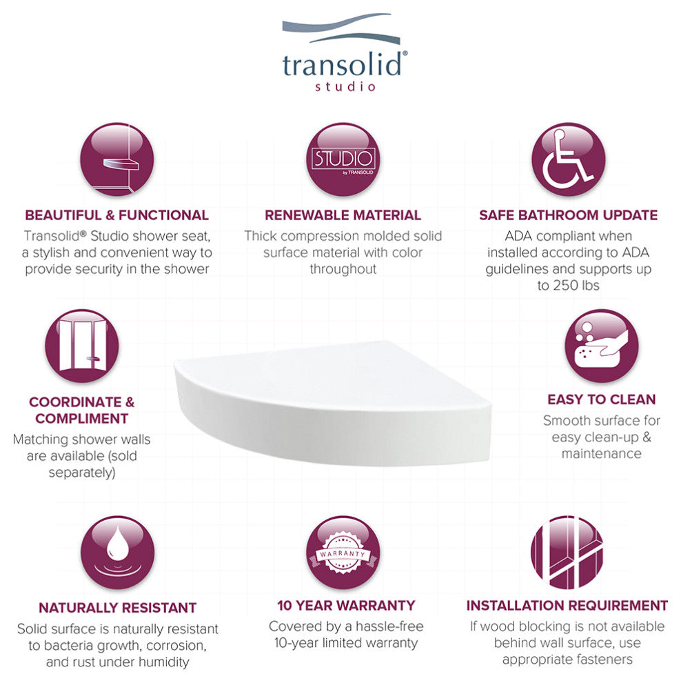 Transolid Studio Solid Surface Wall-Mount Corner Shower Seat, White