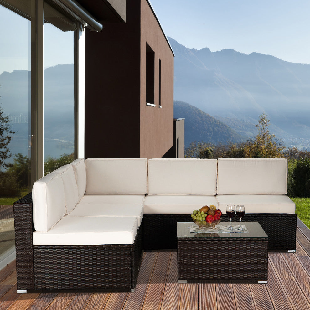 85" Wide Outdoor Wicker Reversible Patio Sectional With Cushions, Beige