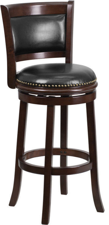 29" High Cappuccino Wood Barstool With Black Leather Swivel Seat