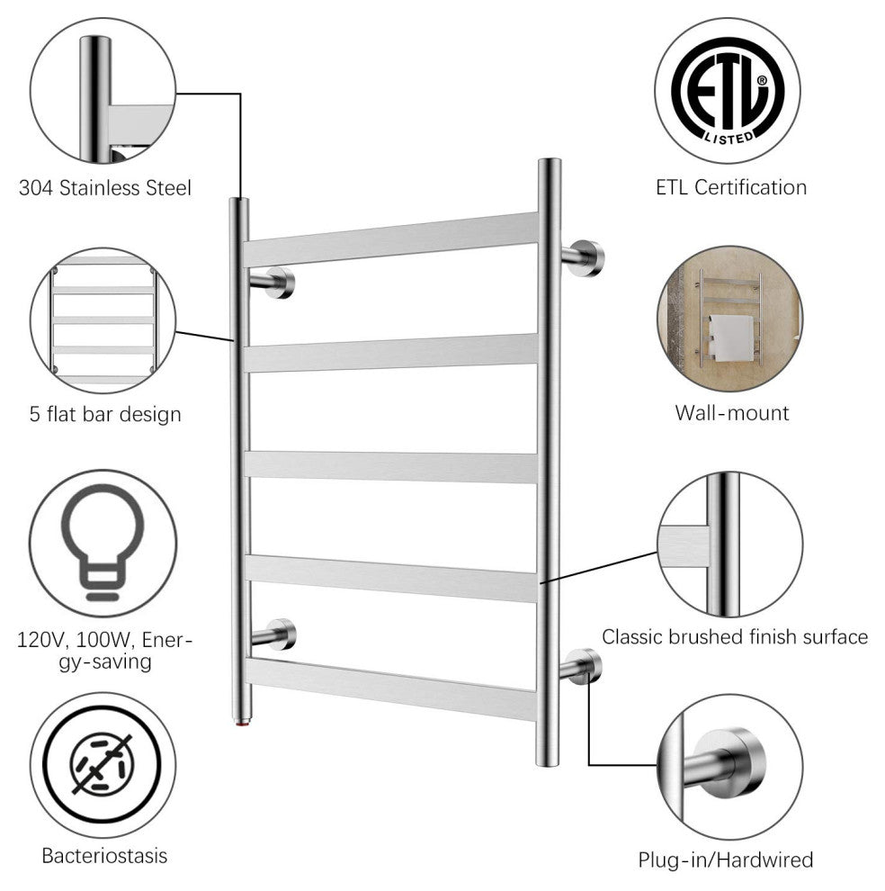HEATGENE 5 Flat Bar Wall-Mounted Hard-wiring/ Plug in Towel Warmer, Brush Polish