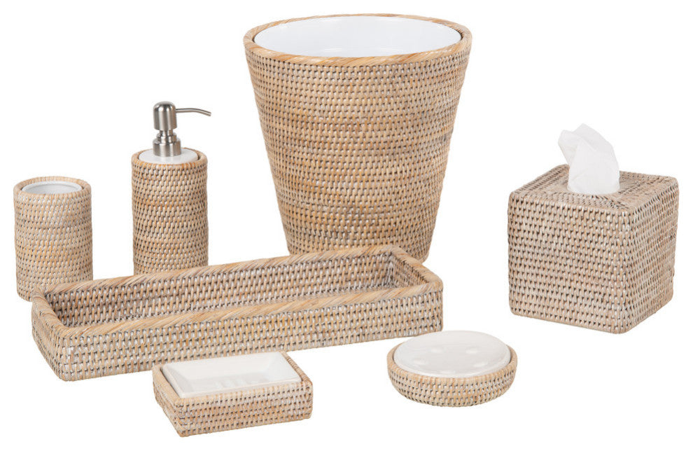 La Jolla Rattan Round Soap Dish, White Wash