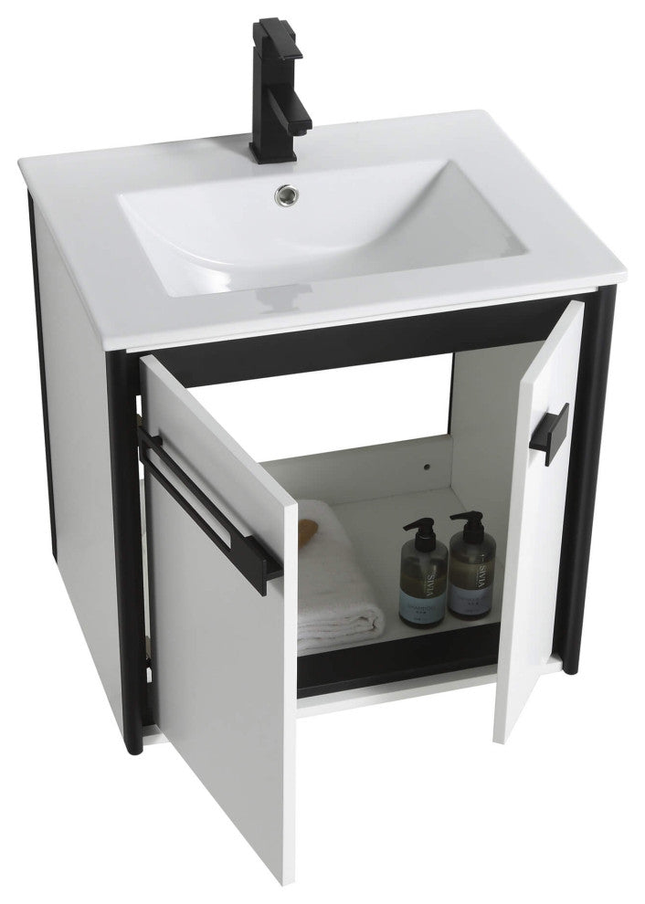 Oakville Wall Mount Bathroom Vanity, White Matte, 24", Black Hardware
