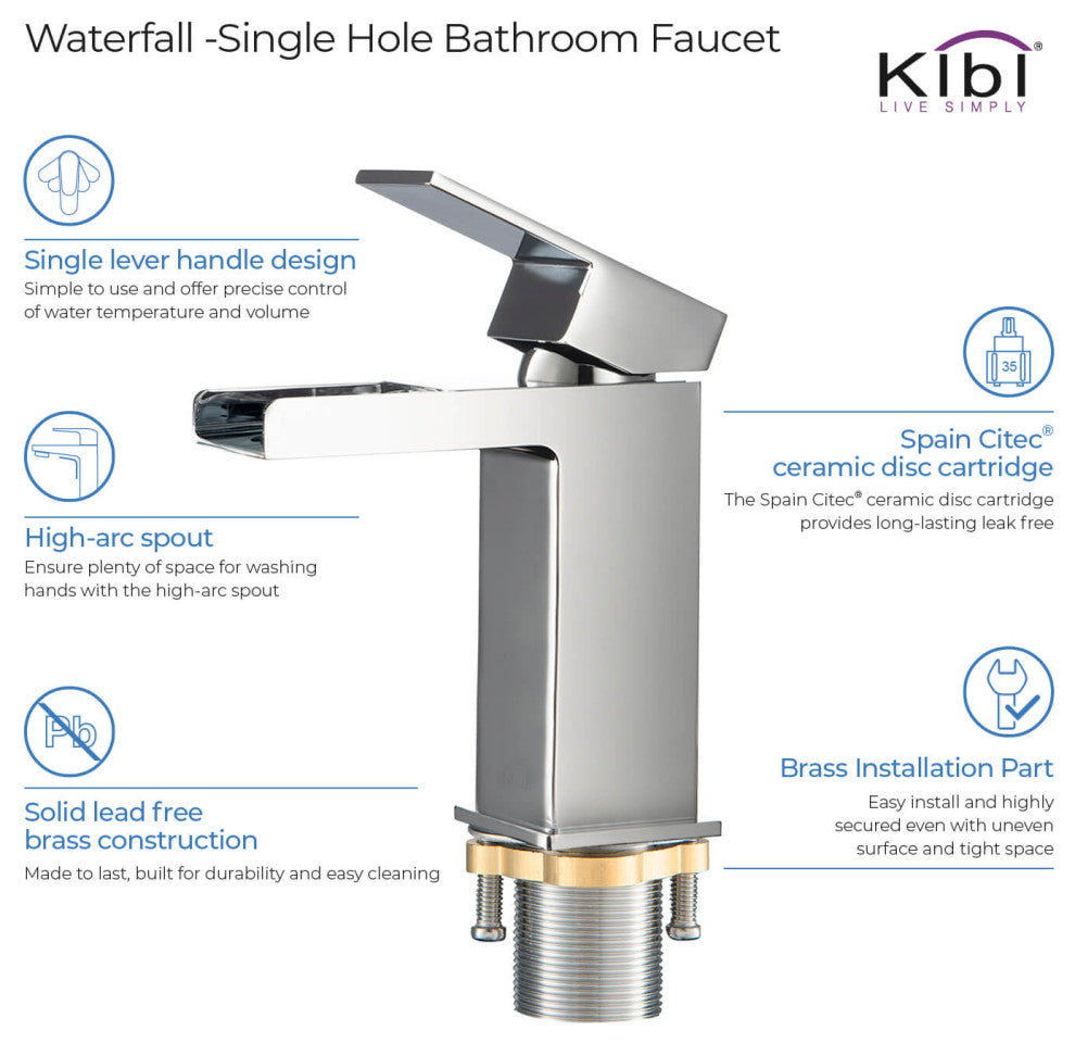 Waterfall Single Handle Bathroom Faucet KBF1004, Chrome, W/ Drain