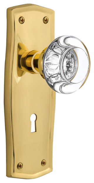 Double Prairie Plate With Round Clear Crystal Knob, Polished Brass