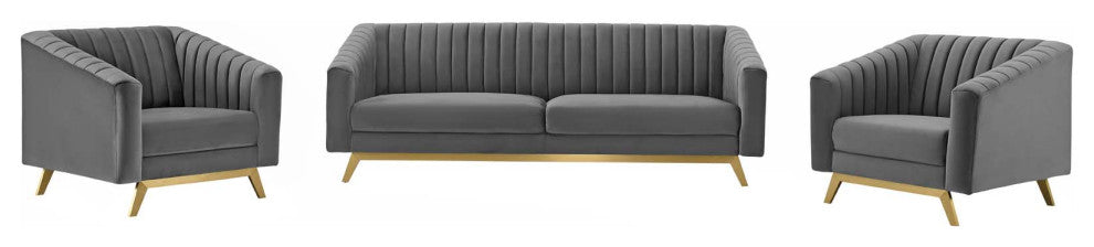 Tufted Armchair and Sofa Set, Velvet, Gray, Modern, Lounge Hospitality