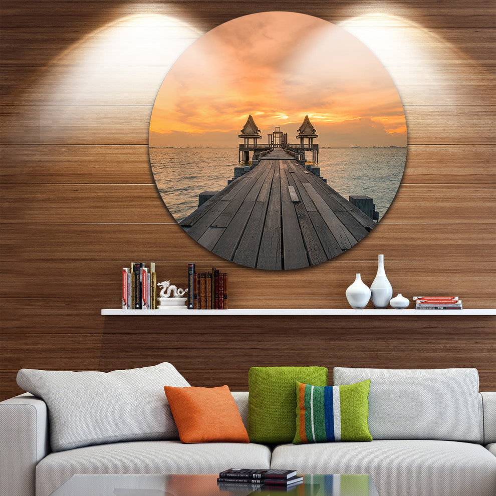Massive Wooden Bridge Into The Sea, Seascape Round Metal Wall Art, 11"