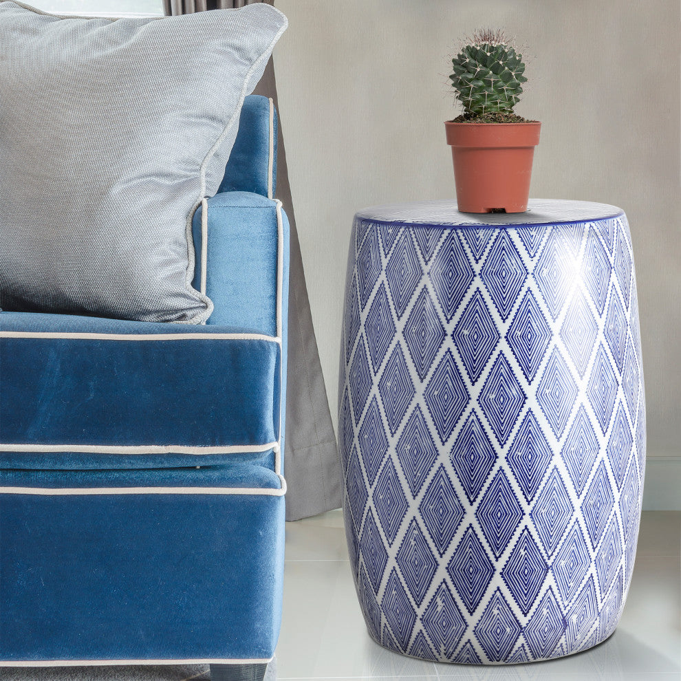 Moroccan Diamonds 18" Ceramic Drum Garden Stool, Blue and White