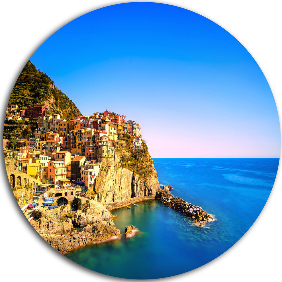 Manarola Village Seashore Italy, Seashore Round Wall Art, 11"