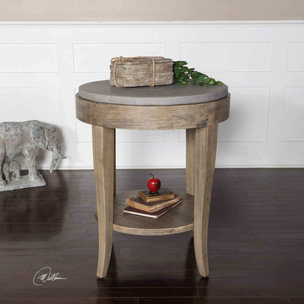 Uttermost Deka Round Contemporary Wood and Concrete Accent Table in Brown