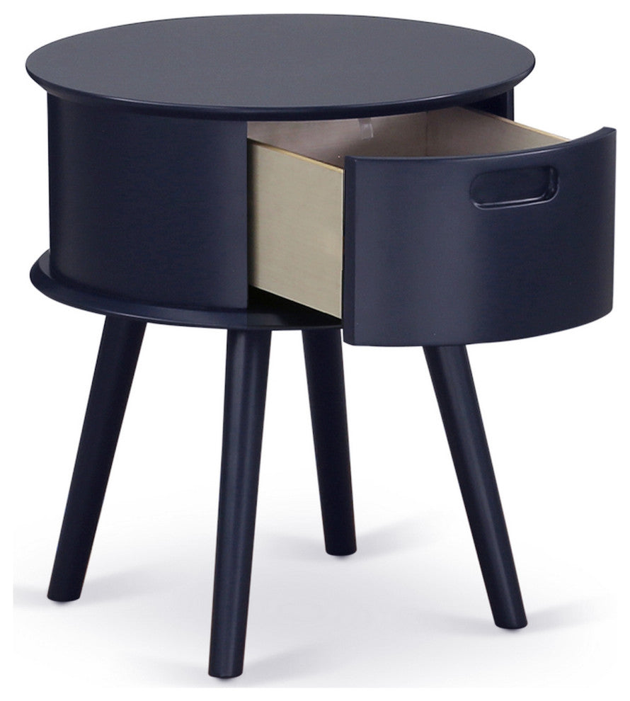 Gordon Round Night Stand End Table With Drawer, Navy Blue Finish