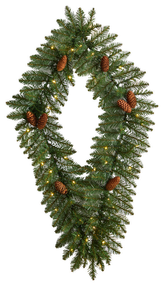 3' Holiday Xmas Geometric Diamond Wreath With Pinecones & Warm White LED Lights