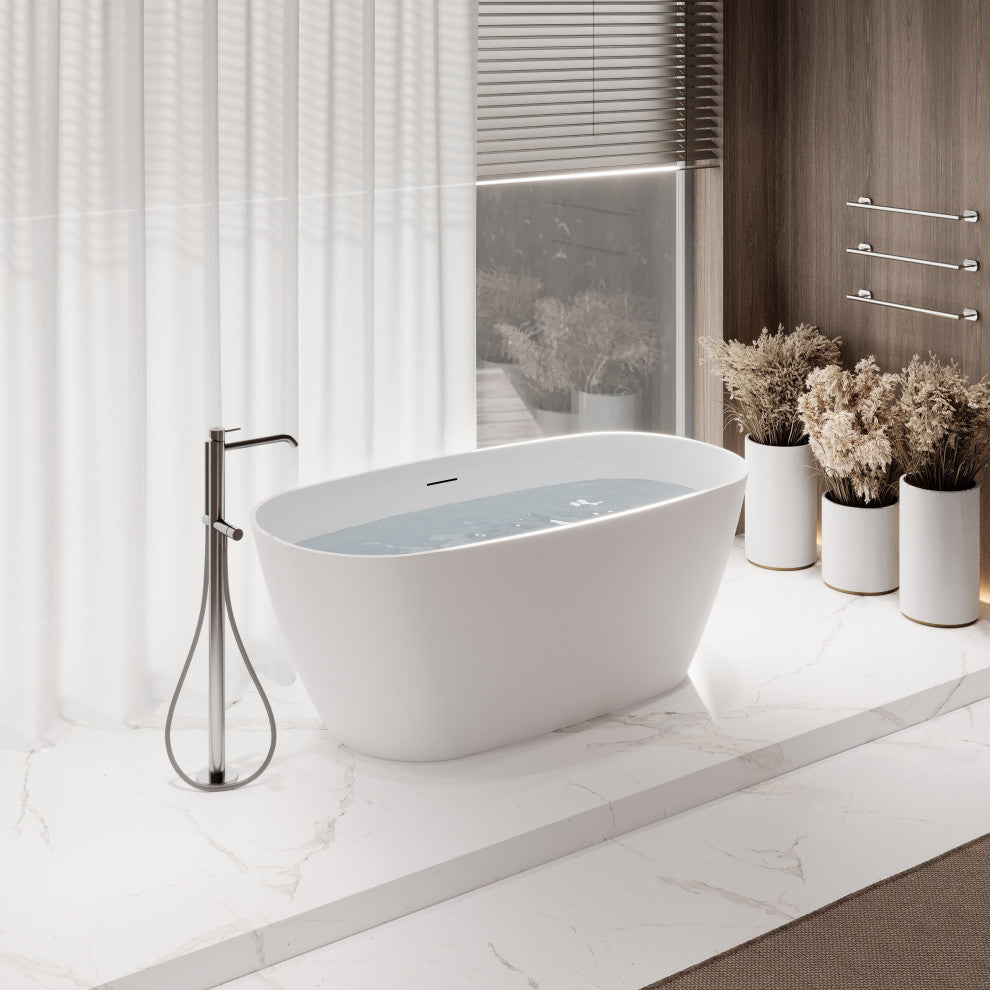 59" Streamline NS5820CH Matte White Stone Resin Bathtub, Tray With Chrome Drain