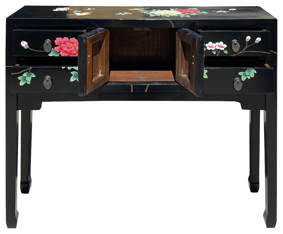 Black Lacquer Flower Graphic 4 Drawers Slim Narrow Foyer Side Table Hcs7347