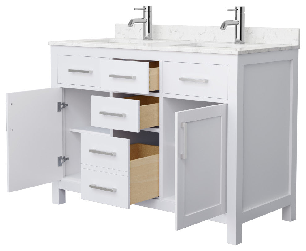 48"DBL Bathroom Vanity White, Carrara Cult.Marble Countertop, Sinks, Nickel Trim