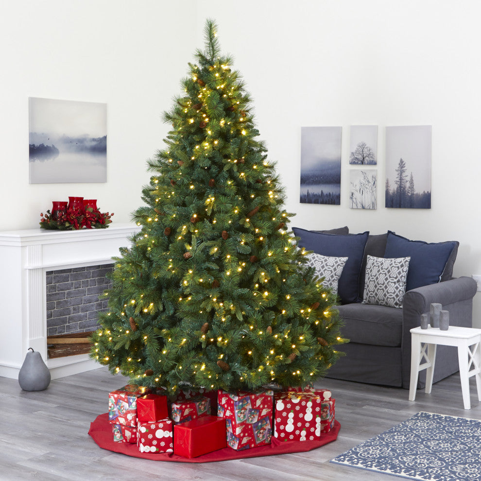 7.5' West Virginia Full Bodied Mixed Pine Faux Xmas Tree W/ Lights & Pinecones