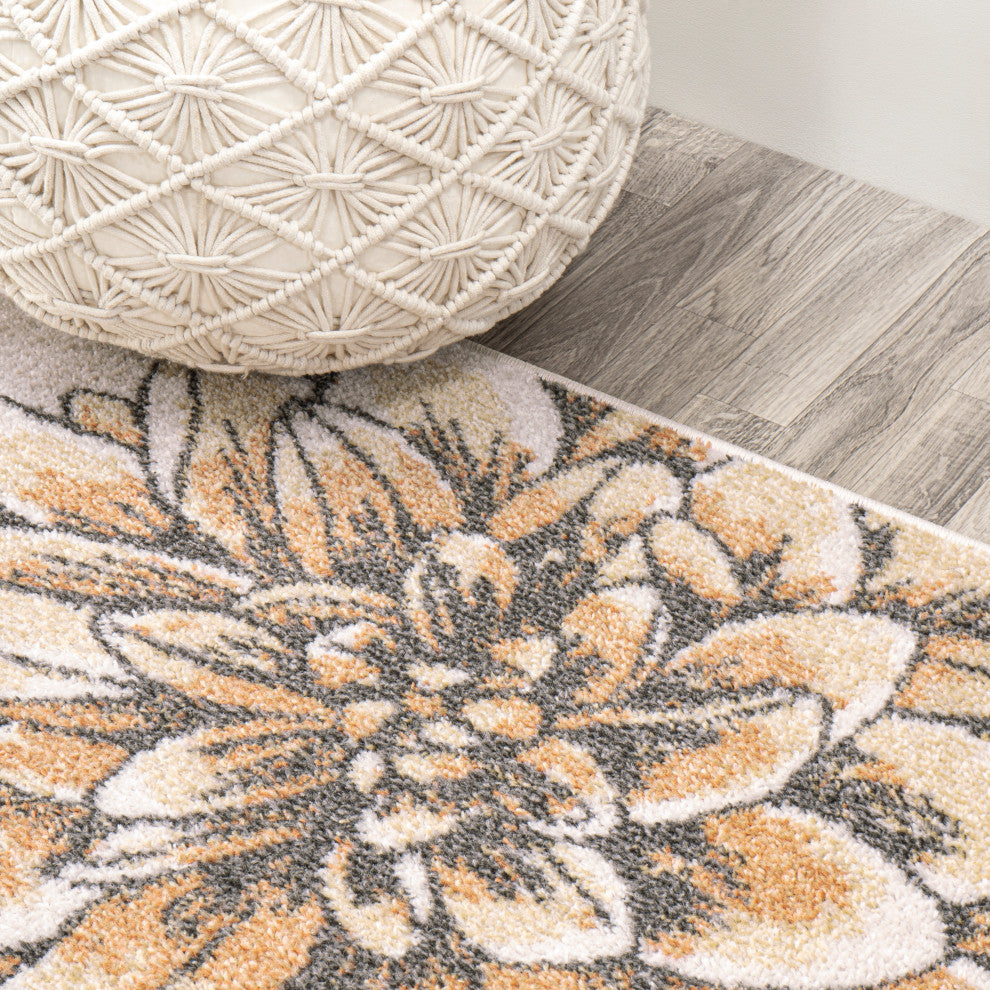 Giglio Modern Botanical Flower Area Rug, Orange/Blue/Cream, 5 X 8