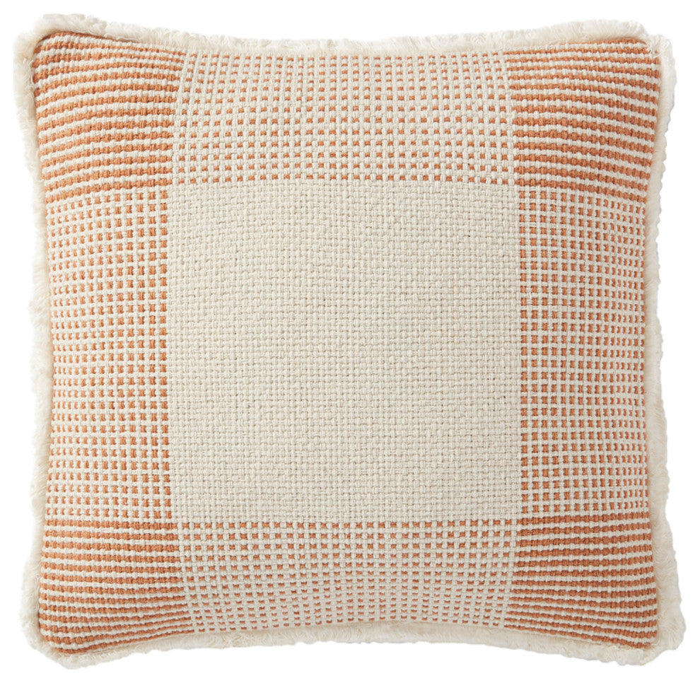 18"x18" Fringed Geometric Woven Plaid Throw Pillow, Natural/Rust, No Fill