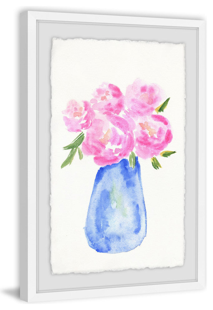 "Pink Flowers Blue Vase" Framed Painting Print, 12"x18"