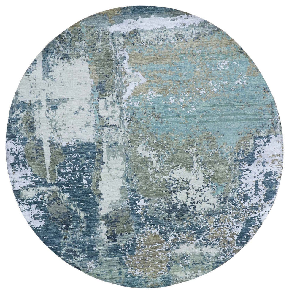 Gray Abstract Design, Hand Knotted Natural Wool Round Oriental Rug, 8'1"x8'5"