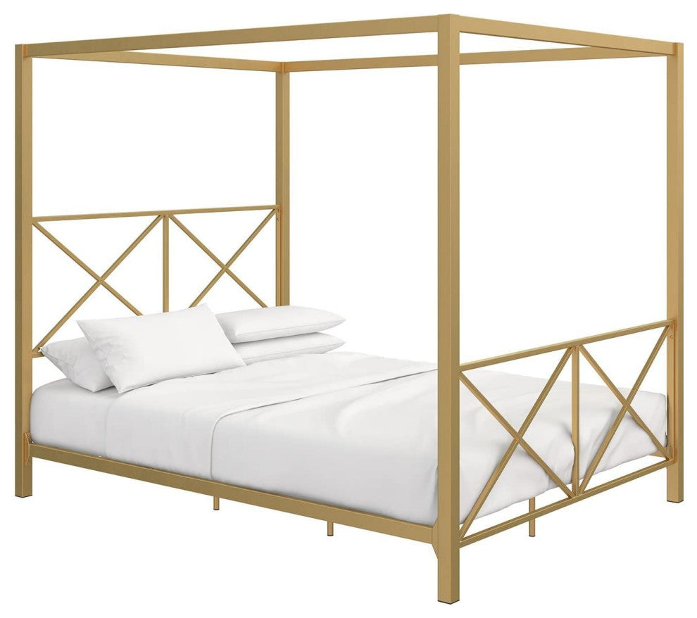 Elegant Full Canopy Bed with Metal Frame and Unique X-Detail Headboard, Gold