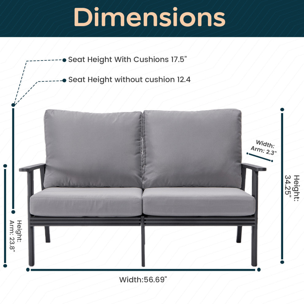 Leisuremod Walbrooke Patio Loveseat With Black Aluminum Frame, Gray
