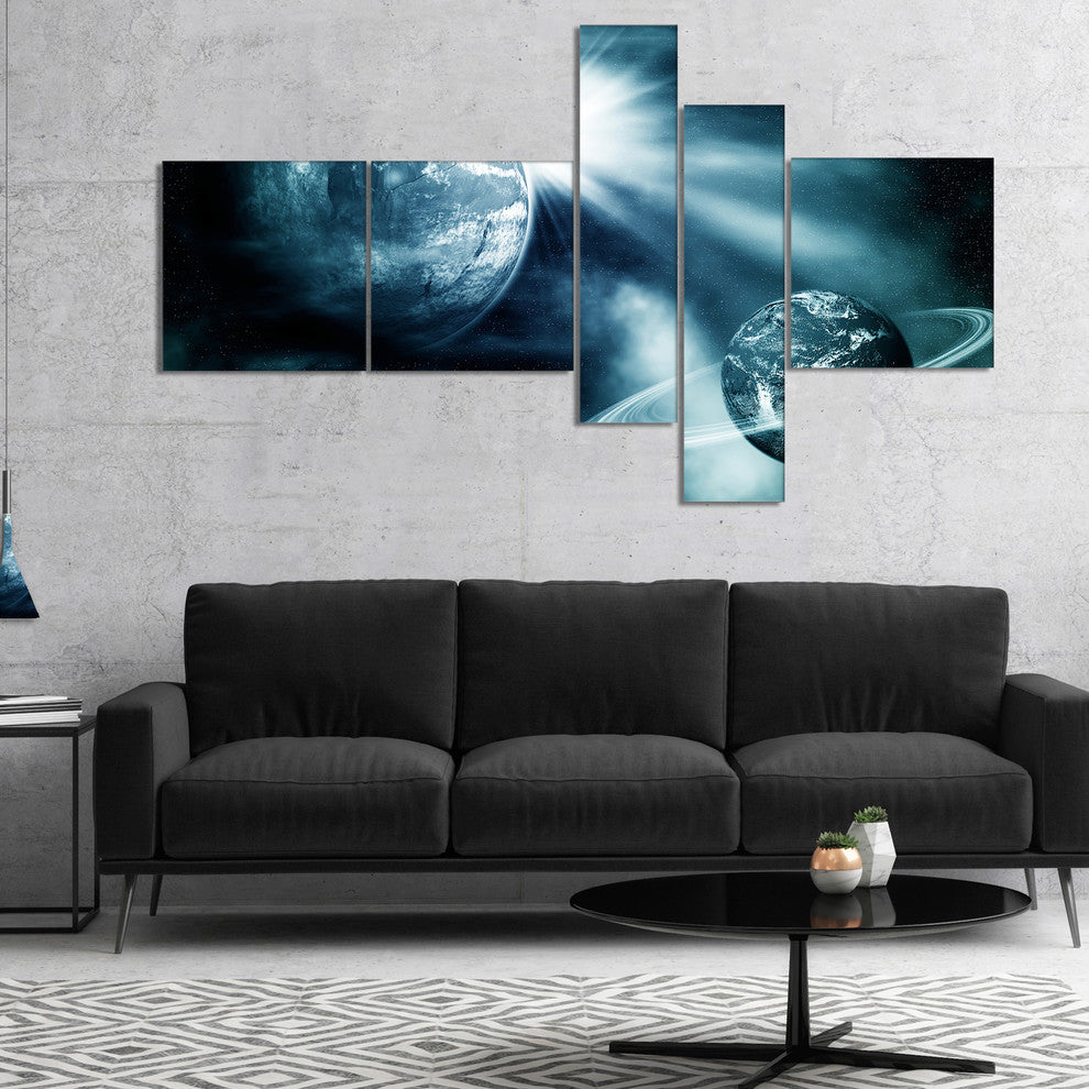Space View with Two Planets, Spacescape Canvas Art Print, 60"x32", 5 panels