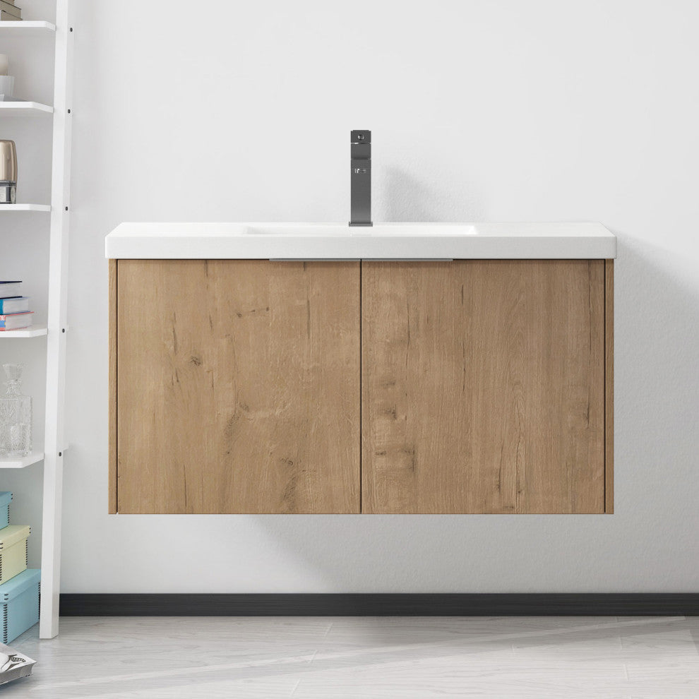 Bath Vanity Set, Imitative Oak, Resin Vanity Top, White, White Basin