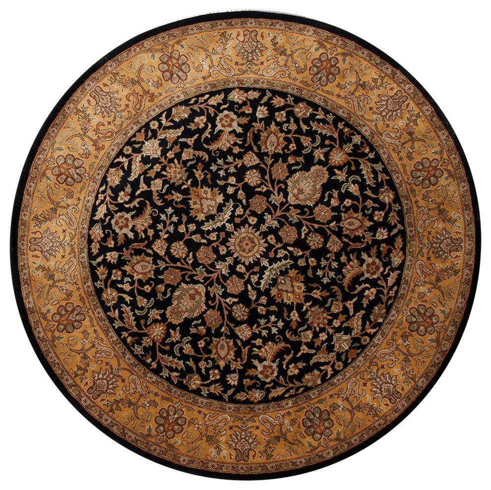 Agra Cinzia Traditional Black Floral Hand Knotted Wool Rug 8' Round