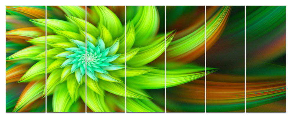 Huge Clear Green Fractal Flower, Floral Canvas Art Print, 83"x32", 7 Panels
