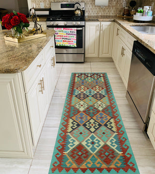 Sangat Kilim BurCin Light Green/Navy Runner, 2'9x9'7