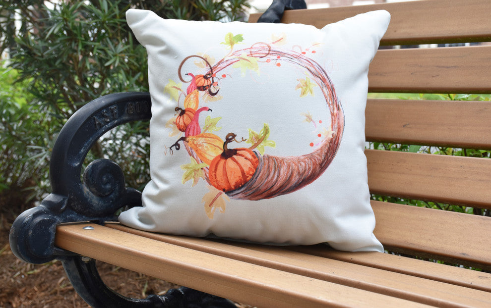 Cornicopia Wreath Light Green Fall Print Outdoor Decorative Throw Pillow, 18"