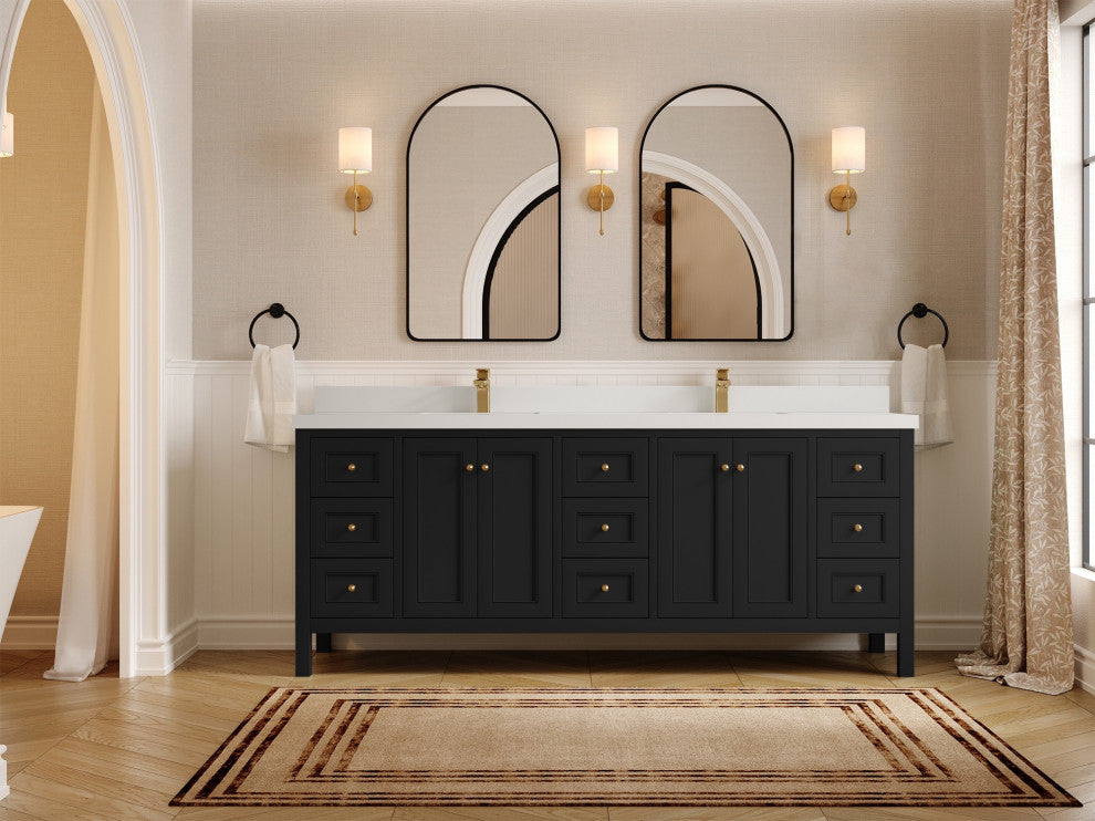 Nashville 84" Double Sink Bath Vanity, Black 2" White Quartz