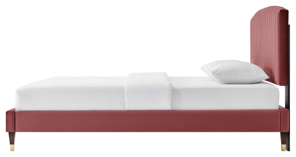 Platform Bed Frame, Queen Size, Pink, Velvet, Modern, Bedroom Guest Suite