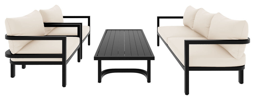 4-Piece Outdoor  Steel Patio Sectional with Table and Cushions, Beige