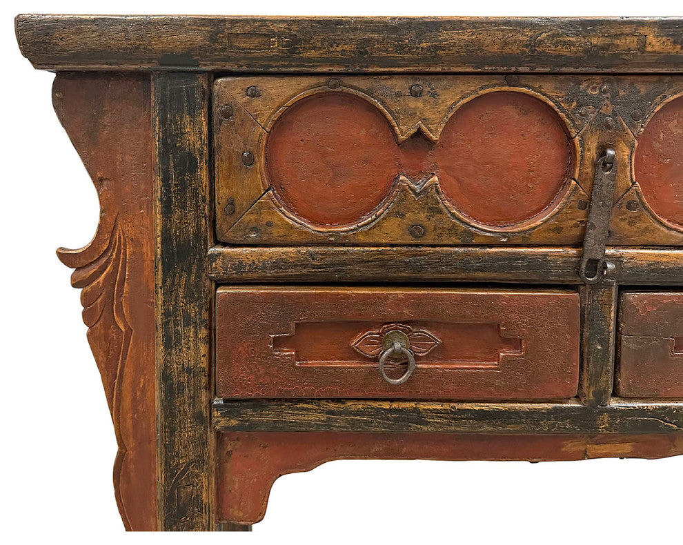 Consigned 19th Century Antique Chinese Carved 3 Drawers Console Table