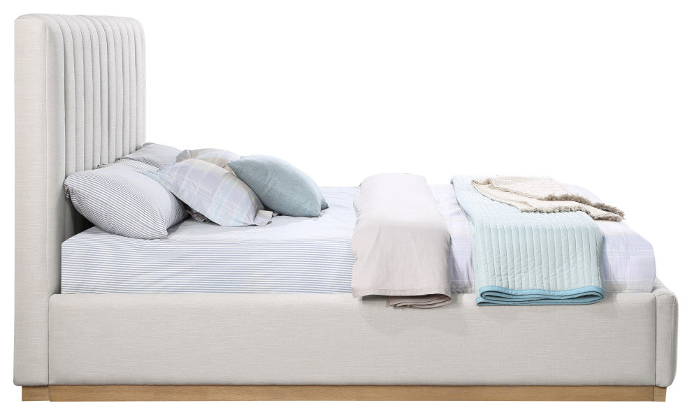 Lucia Beige Linen Textured Fabric Full Bed, Cream, King, Natural Finish