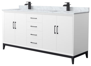 Amici 72" White Double Vanity, White Carrara Marble Top, Matte Black Trim